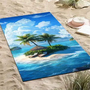 1PC Island Coconut Grove Beach Towel - Azure Sea Blue Sky Landscape Print Quick-Drying Bath Towel Printed Beach Towel Team Towel Clear Large-Size Pattern with Vibrant Colors Perfect for Beach Travel Swimming Design Beach Towel