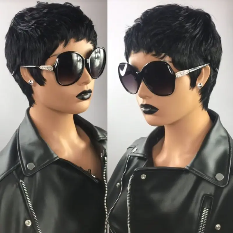 ShowReal Four Inch Short Pixie Cut Curly Wig Human Hair for Black Women Full Machine Made Wigs Short Layered Pixie Cut Wig Human Hair Short Wigs