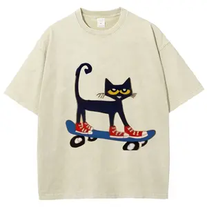 Skateboarding Pete The Cat T-shirt, Unisex Casual Cotton Comfort Shirt, Vintage CrewNeck Acid Washed Oversized Drop Shoulder Heavyweight T-shirt, Baggy Workout Tops Short Sleeve Shirt