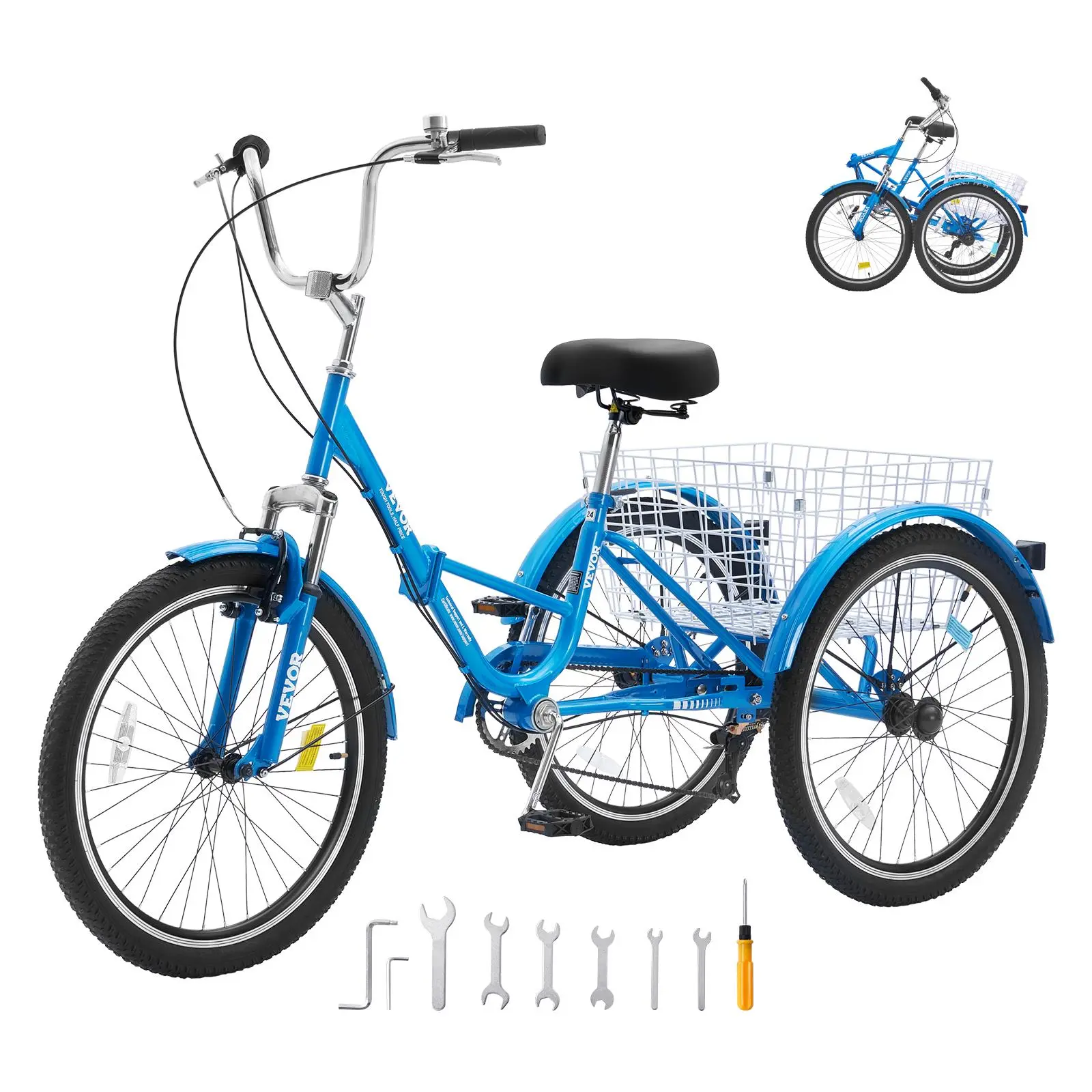 【Super Brand Day】VEVOR Folding Adult Tricycle, 24-Inch 7-Speed Carbon Steel Frame 3-Wheel Cruiser Bike with Basket & Adjustable Seat, for Seniors (Blue),DEALS FOR YOU