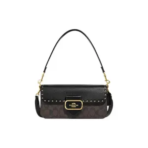 Coach Morgan 27 Classic Monogram Color-Blocked Rivet-Embellished Top-Zip Handbag for Women, Brown and Black