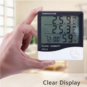 LCD Digital Thermometer Hygrometer, Indoor Outdoor Weather Station Clock, Htc-2 Model, No Battery Included, Electronic Display