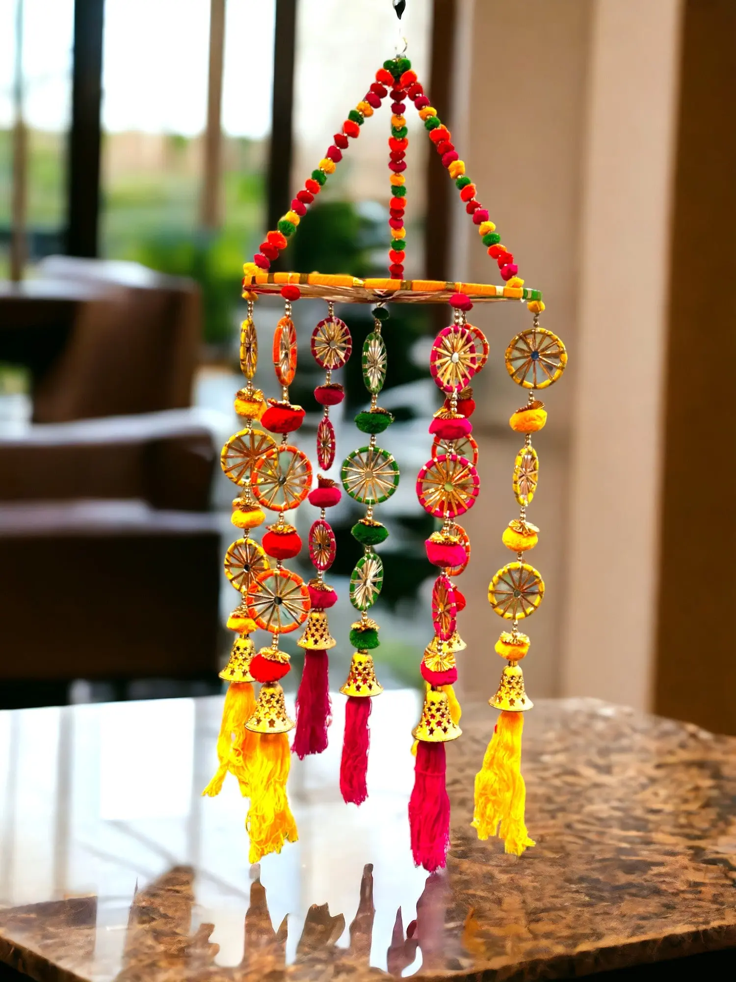 Single Colorful Round Wall Roof Ceiling Hanging Jhoomar With Pompom, Rings & Mirrors - Indian Festive Decoration