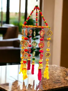 Single Colorful Round Wall Roof Ceiling Hanging Jhoomar With Pompom, Rings & Mirrors - Indian Festive Decoration