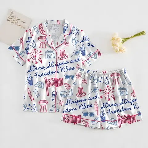 Stars Stripes And Freedom Vibes 4th Of July Patriotic America Satin Pajama Set Adults, 4th Of July Sleepwear, Homewear Patriotic Gifts Women