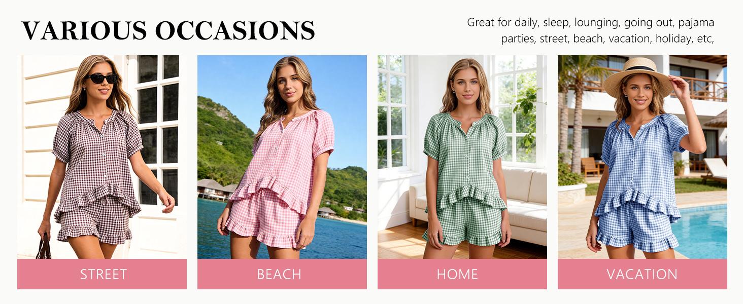 YeeZaa Women's Gingham Pajamas Set 2 Piece Shorts Sets Pj Sets Pjs 100% Cotton Puff Sleeve Ruffle Babydoll Shirt & Plaid Shorts Maternity Pregnancy Button Down Checkered Sleepwear Lounge Outfits 2026 Summer Sets #Summervibes