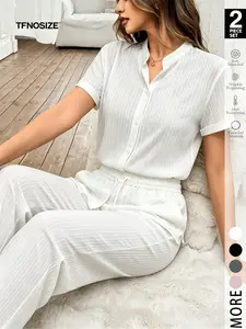 Women's 2-Piece Striped Classic Pajama Set, Short Sleeve Button-Down Shirt, Striped Straight Leg Pants, Perfect for loungewear, Nightwear and casual home wear, Pjs