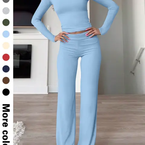 Spring & Fall Casual Outdoor Home Plain Thin Women's Long Sleeve Crop Top + Long Pants Set, Fitted S-Type Natural Waist Tee, Flare Pants