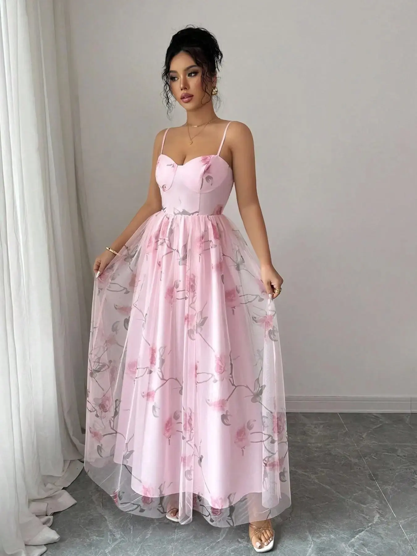 Formal Elegant Feminine Floral Print Tulle Corset Dress, Sweetheart Neck Party Dress for Events,Floral Mesh Long Dress, Heart Neckline Waist Cinch, Perfect for Wedding Guests, Bridesmaid, Cocktail Party, Brunch, Date, Vacation