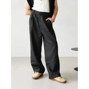Men's High-Waisted Wide Leg Pleated Pants - 100% Polyester Casual Trousers, Loose Fit Baggy Design, Solid Color, All-Season Comfort, Hand Wash Only