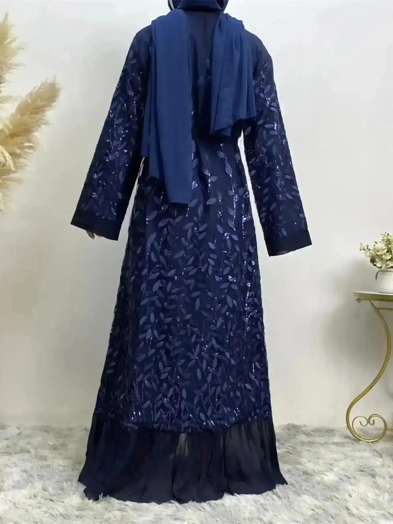 Modern Arabic Clothing-contrast Sequin Leaf Embroidery Ruffle Hem Belted Caftan Abaya without Dress, Modesty Elegant Long Sleeve Open Front Arab Robe Loose Islamic Abayas, Maxi Muslim Clothes for Women, Aesthetic