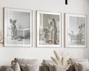 Set of 3 Black Kaws in Toilet, Bathroom Wall Art,  Kaws Poster, HypeBeast Prints, Funny Toilet Art Print, Bathroom Decor