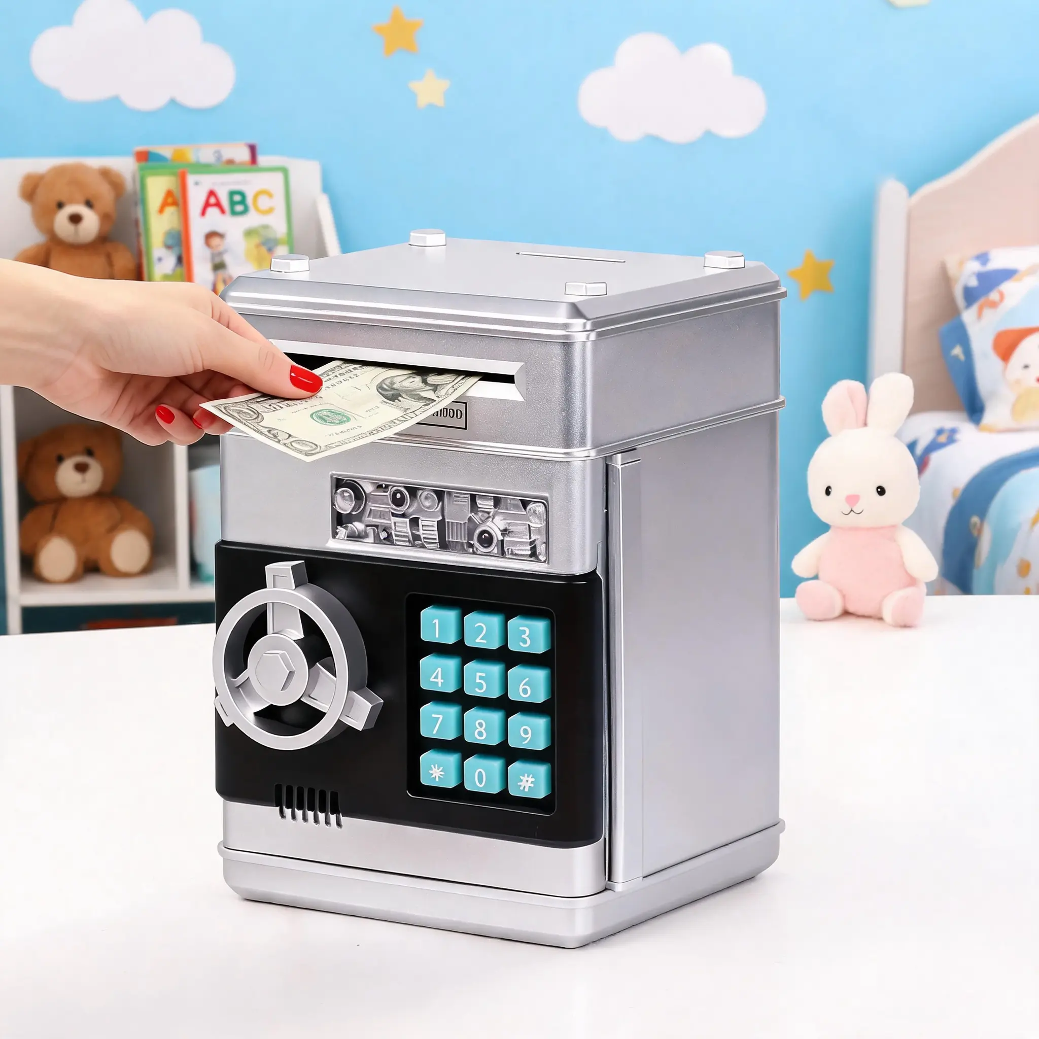 Safety ABS Electronic Piggy Bank Box - Secure 4-Digit Code Lock, High-Capacity Cash Coin Jar, Automatic Banknote Suction, Automatic Roll, Coin Counter, Educational Toy for 3-12 Year Old Kids, Birthday Gift (Batteries Not Included)