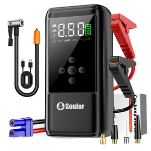 2000A Ultra-Safe Jump Starter – Starts all 12V battery vehicles. Features 160 PSI air compressor, 12W fast charging, tire pressure check, and LED light. Includes jumper cables, air hose, storage bag, and 4-in-1 charging cable