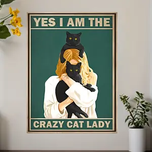 1pc Crazy Cat Lady Art Canvas Print Poster, Abstract Creative Wall Art Decor, Animal Theme, Plain Canvas Material, 30.48cm x 40.64cm with Frameless for Living Room, Bedroom, Office, Dining Room, Bar