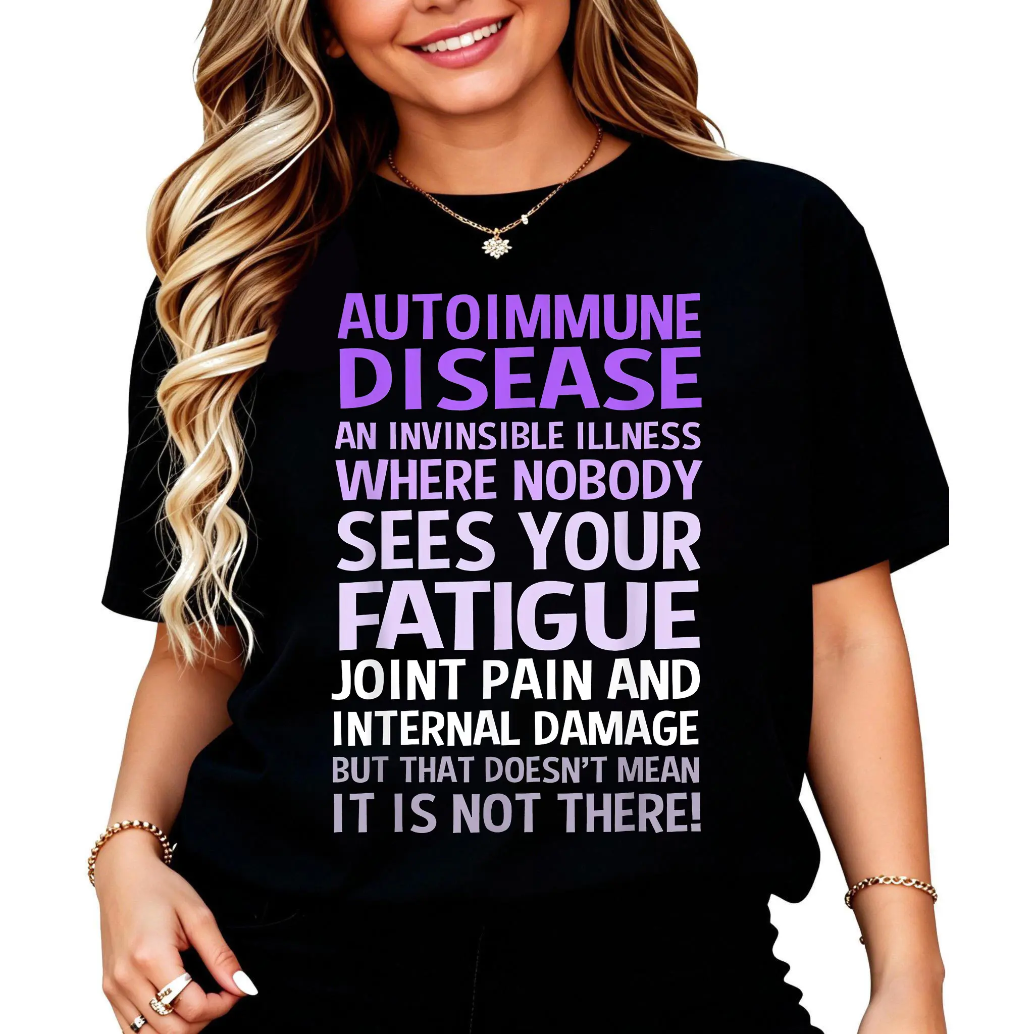 Women's Autoimmune Disease Awareness T-Shirt - Invisible Illness Sufferers Advocacy Tee with Purple & White Print, Casual Round Neck, Machine Washable, All-Season Comfort for Lupus, Rheumatoid Arthritis & MS Support