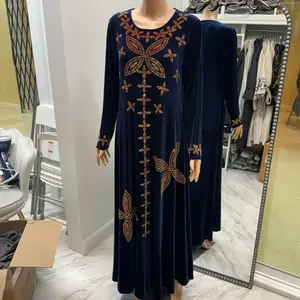 navy blue and black velvet long sleeve rhinestoned dress