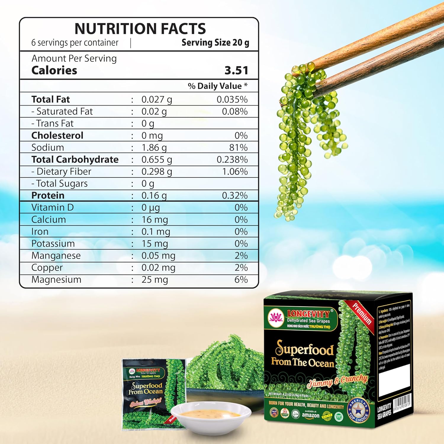 Dehydrated Sea Grapes, 1.4 oz of (Pack of 2), Umibudo Green Caviar, Lato Seaweed | Enhance Health, Boosting Immune System, Valued Natural Gift From Sea (Original, 40g)