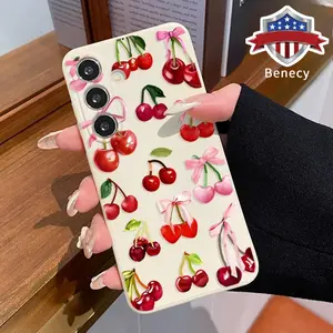 Fashionable Cherries Pattern Straight Edge Phone Case Compatible with Galaxy S23 Ultra S24 Plus S25 S22+ Shockproof Full Camera Protection Durable Slim Liquid Silicone Cover Smartphone Casing