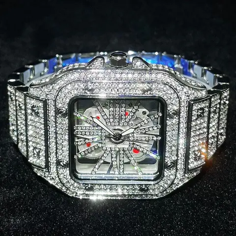 MaxBling81 Men's Glamorous Silver Alloy Quartz Watch - 40mm, Iced Band with Clasp, Simulated Diamond-Embellished, Skeleton Dial, Square Bling Design, Removable Links, Analog Display, Fashion Accessory, Gift-Box