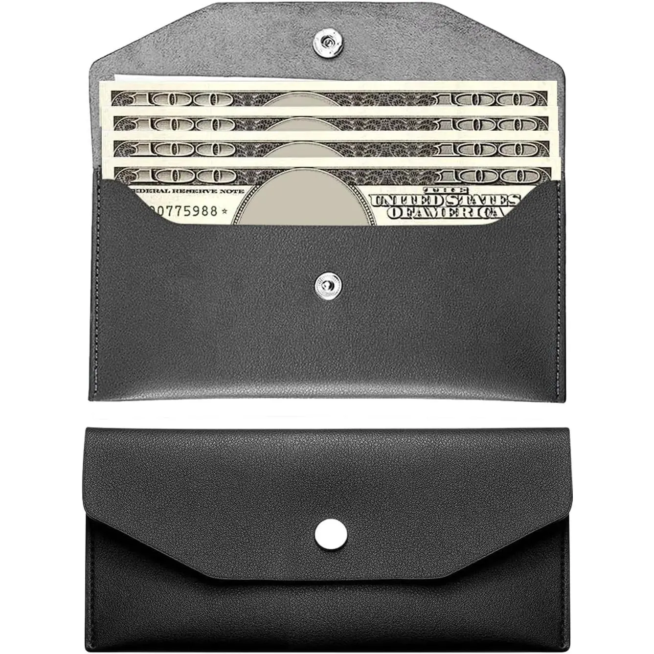 Casual PU Leather Cash Envelope Wallet, Unisex Reusable Budget Planner for Cash Stuffing with Zipper - Black
