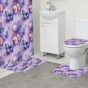 1/4pc purple butterfly flower pattern bathroom set,The 4-piece set includes a single shower curtain, anti slip floor mat, toilet U-shaped mat, toilet lid mat, with shower curtain hook, and belongs to bathroom decoration products