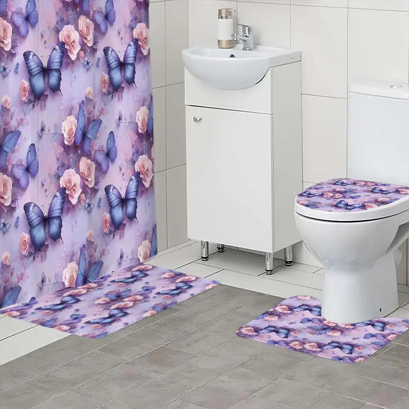 4pc purple butterfly flower pattern bathroom set,The 4-piece set includes a single shower curtain, anti slip floor mat, toilet U-shaped mat, toilet lid mat, with shower curtain hook, and belongs to bathroom decoration products