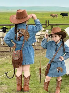 Western Cowboy Style Two-Piece Set, Classic Jacket and Short Skirt, Fashionable Pearl Horse Pattern, High-Quality Denim Fabric, Outfit