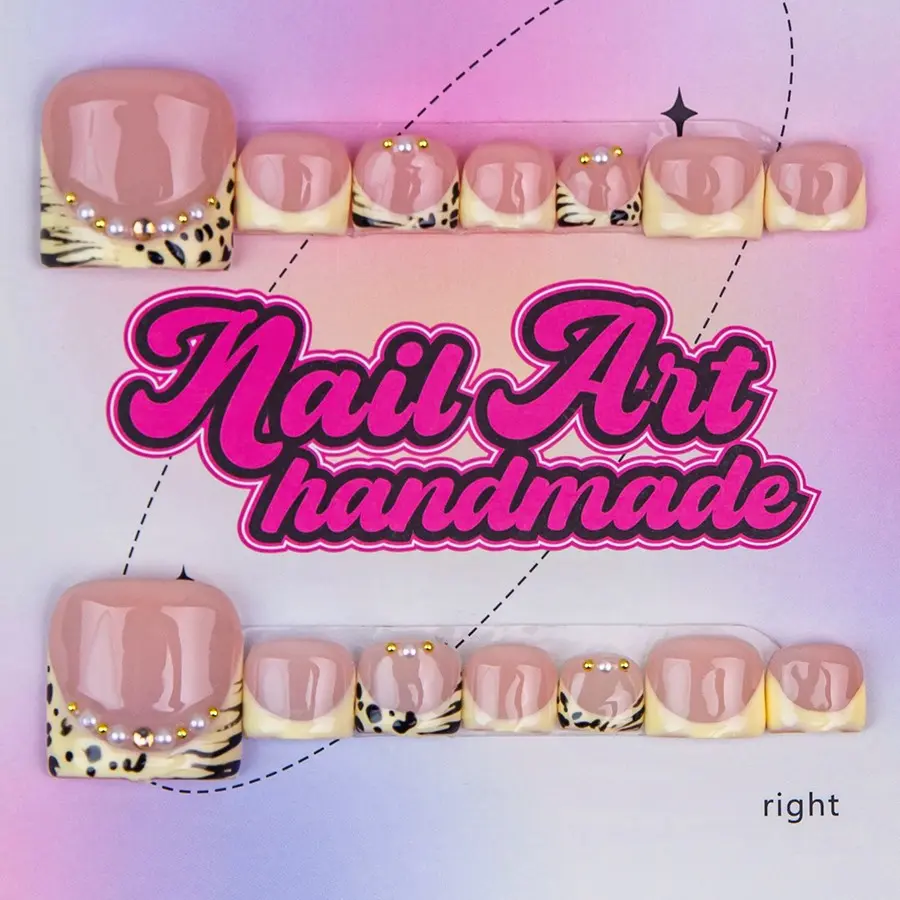 Y2K Style Nail Art Set, 14 Pieces Handmade Press On Nails, Decorative Nails, XS-S-M-L Sizes, Lines, Beads, French Design, Perfect Gift for Women