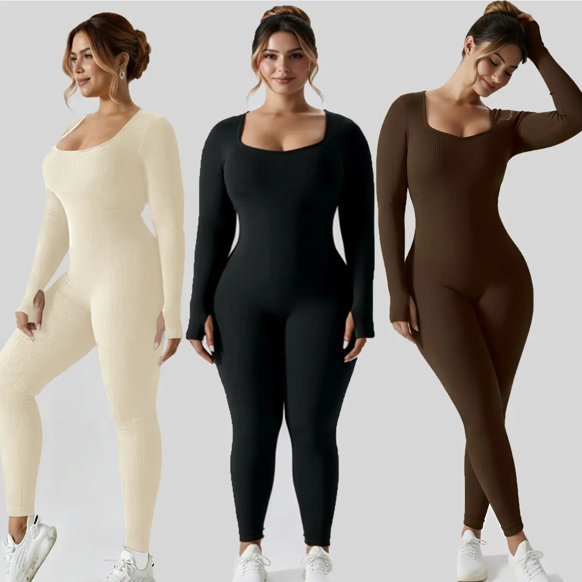 Women's Ribbed Long-Sleeve Square Neck Full-Length Body-Hugger Jumpsuit - High-Stretch Seamless Female Bodysuit for Gym & Jog, Daily Wear