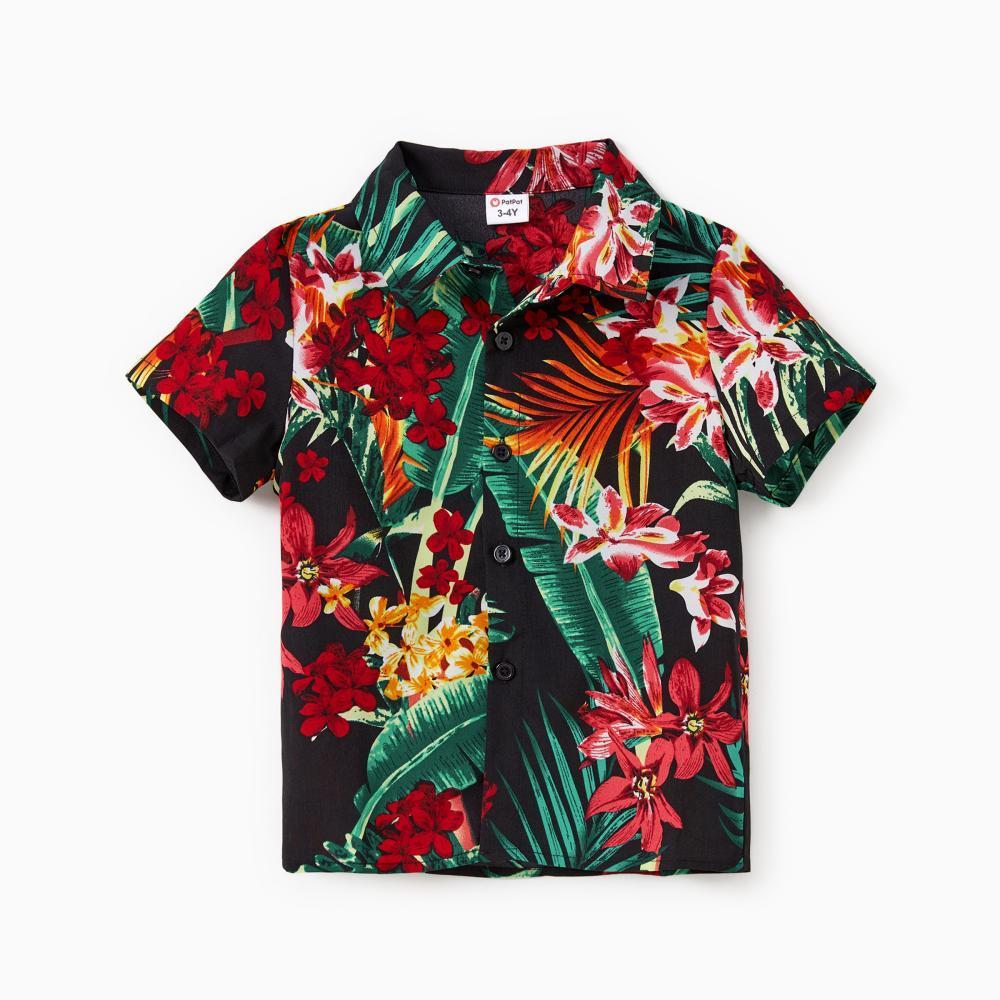 PatPat Family Matching Allover Plant Floral Print Halterneck Dresses and Short-sleeve Shirts Sets