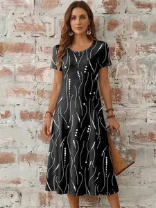 Women's Spring Summer Abstract Line Print Dress, Round Neck Short Sleeve Loose Midi Dress, Front Pocket Casual Dress, Multiple Colors Available