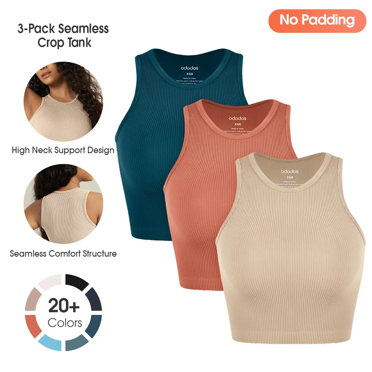 ODODOS 3-Pack Seamless Waist Length Tank (No Padding) for Women Ribbed Soft High Neck Tight-fitting Tops Fit Cute,Waist Length,Slim-fit Basic Fashion tank tops