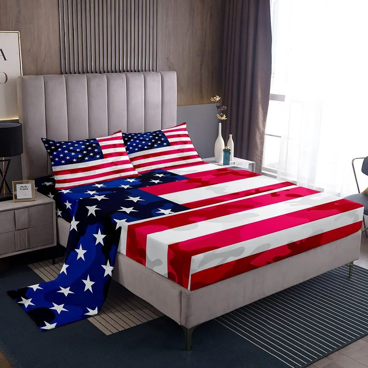 American Flag Bedding Set,Camouflage USA Flag Fitted Sheet,Army Camo Flag Bed Sheet Set for Boys Girls,Blue Red and White Stars Bedding Sheet