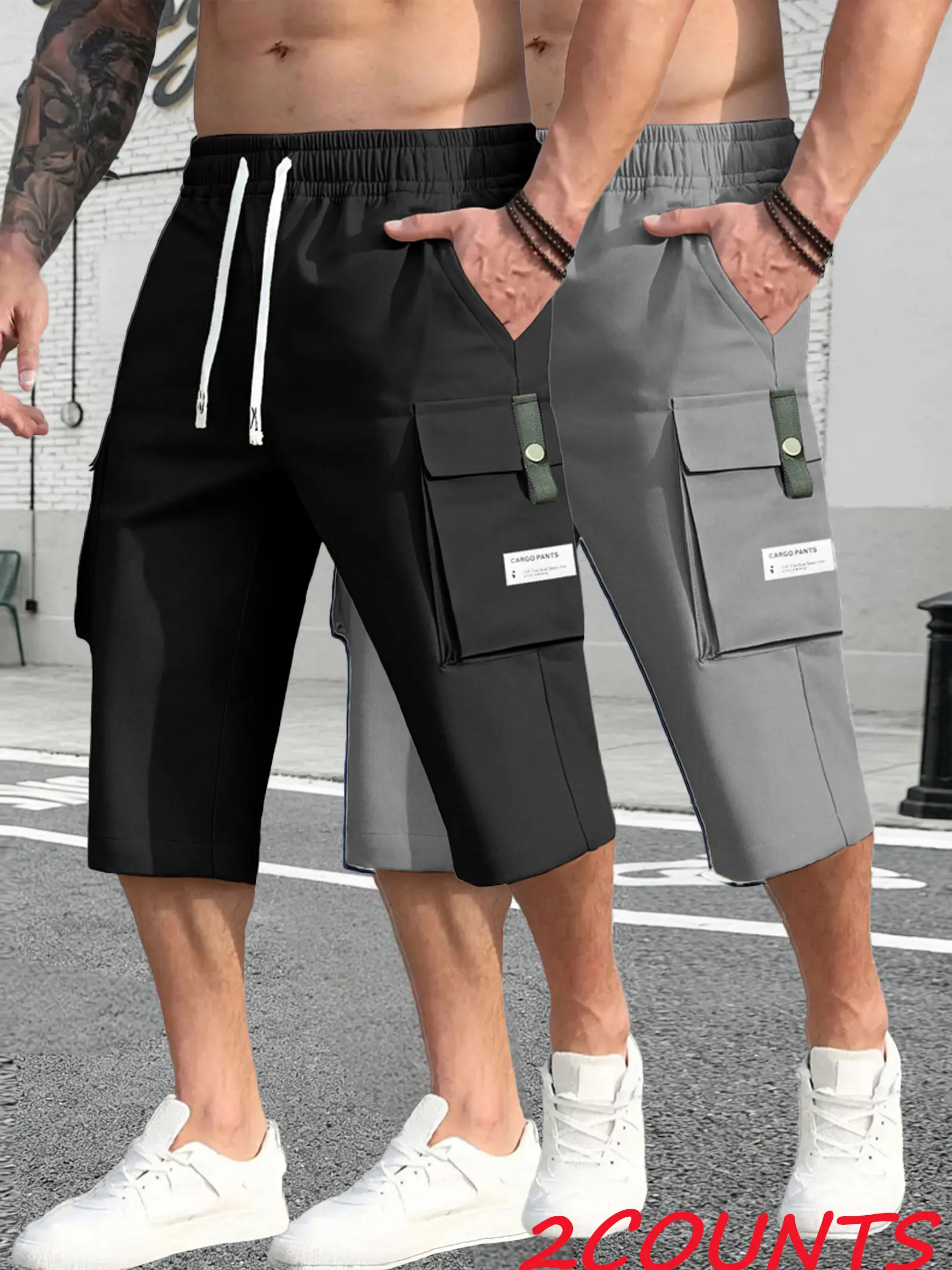Men's 7/8 Length Cargo Shorts - Pack of 2, Menswear Activewear Lightweight Poly Athletic Shorts, Quick-Drying Multi-Pocket Casual Summer Bottoms, Fabric, Cargo Look