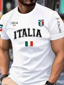 Men's Summer Casual 3D Letter Print T-Shirt, Lightweight Polyester, Round Neck, Short Sleeve, Dynamic Color Design