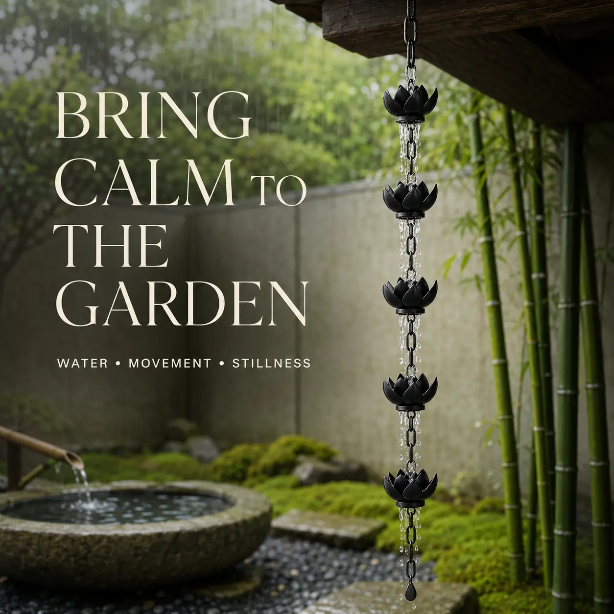 Turn Rain Into a Ritual – 47.2" Black Lotus Rain Chain, Decorative Outdoor Water Feature for Zen Garden, Porch & Patio