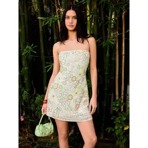 Cider Jacquard Floral Rhinestone Embellished Strapless A-line Mini Dress