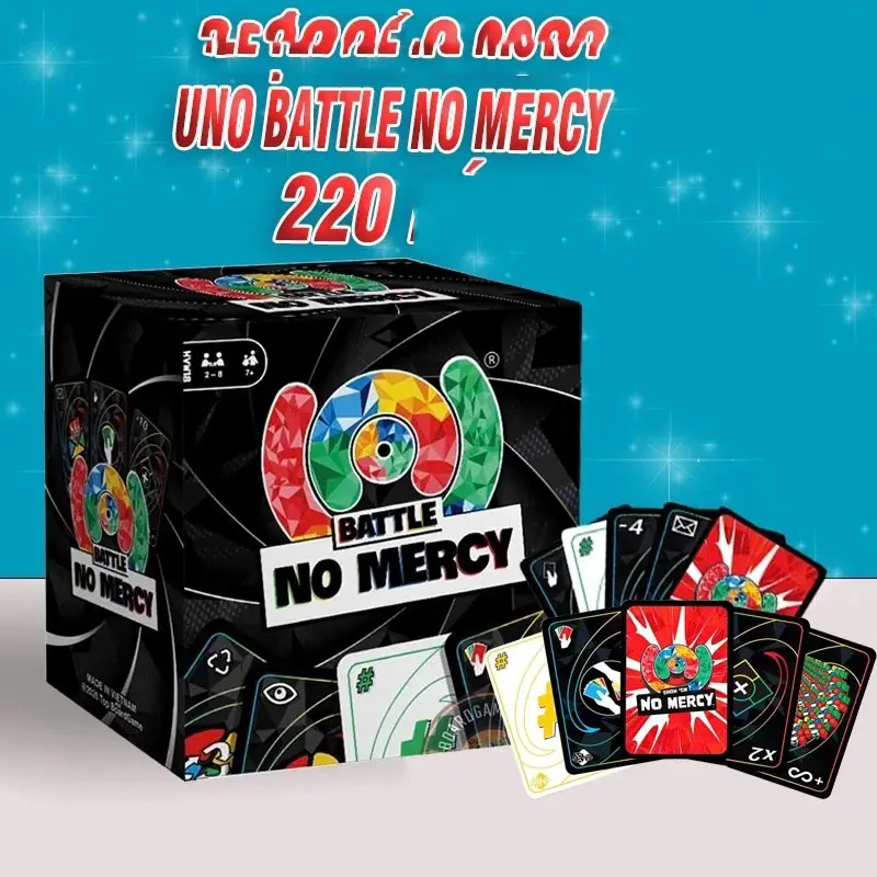 UNO No Mercy Plus 220 Cards, Upgraded UNO Card Game with Extreme Rules, Family Game Night & Travel Game
