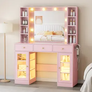 Modern Vanity Desk with Mirror and LED Lights, Power Outlet & USB Port Design, Functional Makeup Vanity with 5 Drawers & 2 Cabinets, Spacious Storage Shelves, Dressing Table for Girls
