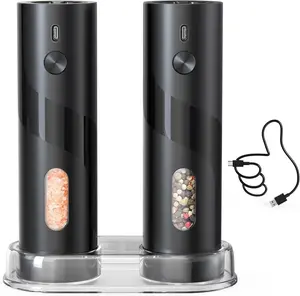 Rechargeable Electric Salt and Pepper Grinder Set with Base, Automatic Pepper Mill Grinders with 110ml Container, Adjustable Coarseness and White LED Light, Black