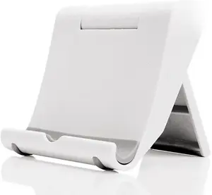 White Foldable Cell Phone Stand for Desk - Adjustable 0-150° Angle Tablet Holder Compatible with iPhone 13 12 11 XR X 8 8 Plus 7 7 Plus 6S 5S 5C 10 inch Pad, Pad mini 2 3 4, Pad Air 2, S9 S9+ S2 S7 Edge S6 S5 S8 J7, 5X 6P, etc.