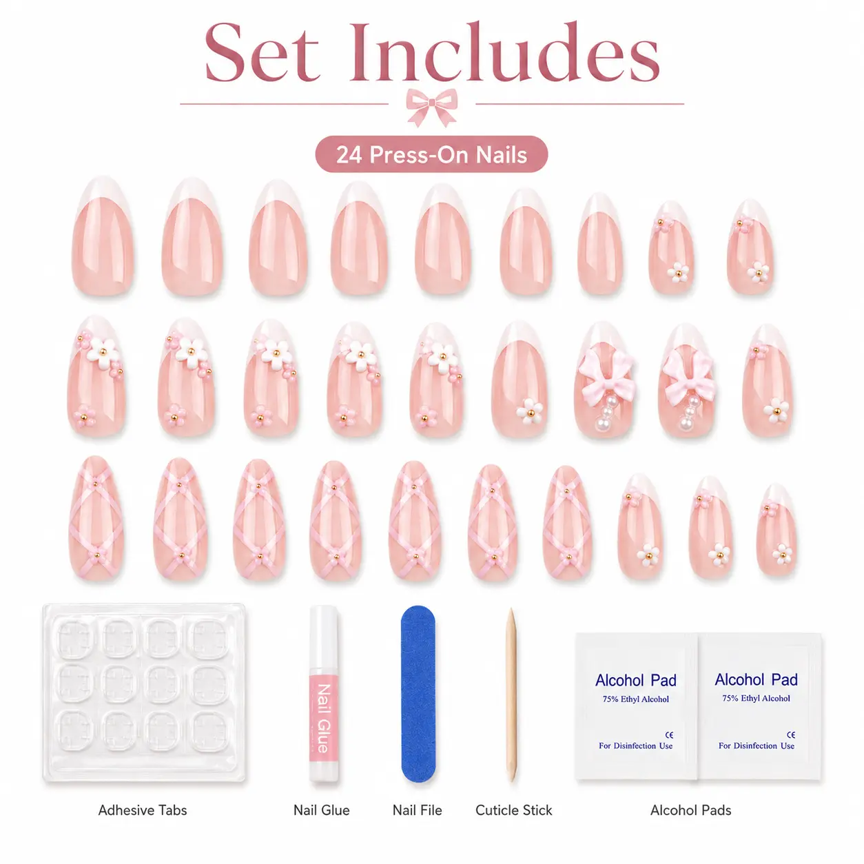 24PCS 3D Cat Eye French Tip Press On Nails | Reusable Medium Long Almond Fake Nails with Shimmery Floral & Ripple Texture, Salon-Style Manicure Set for Weddings, Date Nights, Parties & Daily Wear