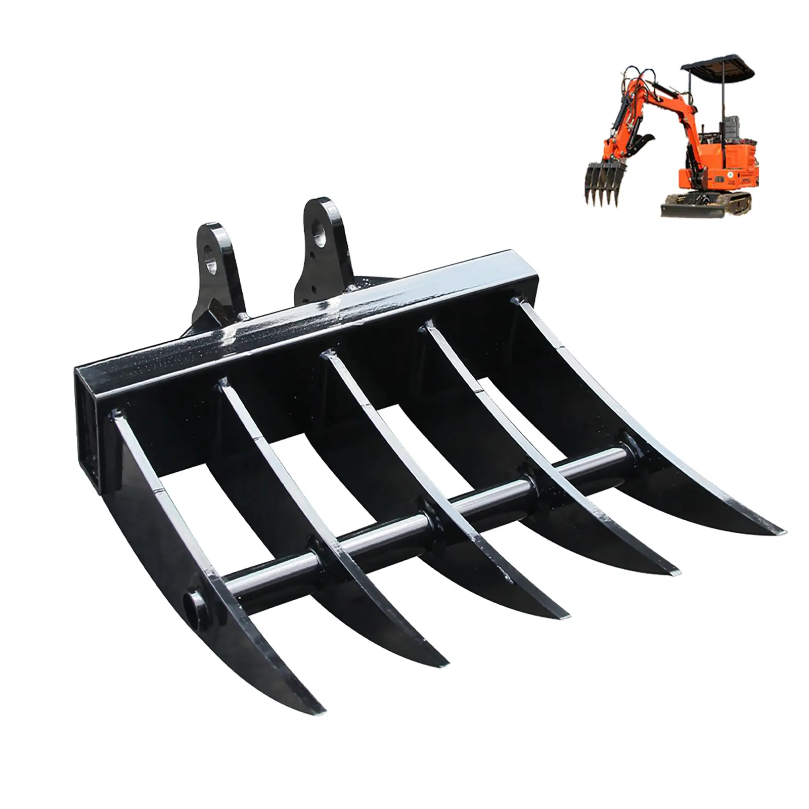 Mini Excavator Rake Attachments Thickened Wide Metal Backhoe Bucket for 1t Five Teeth Compact Excavators, Land Clearing, Debris Removal Soil Spreading Rock Hole Digger Accessory