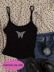Women's Butterfly Print Crop Cami Top, Y2K Casual Adjustable Strap Top for Daily Wear, Ladies Clothes for All Seasons