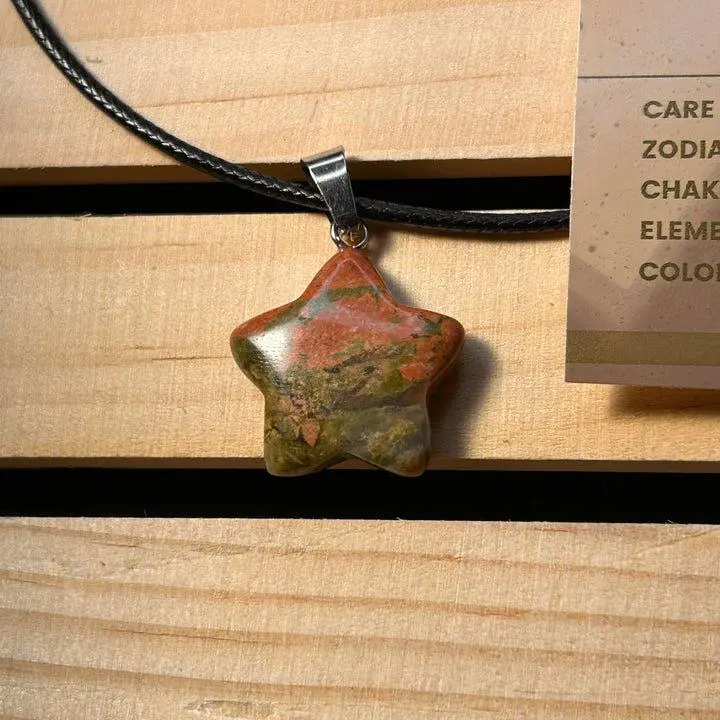 Unakite Star Necklace - Beautiful Pink Green Stone Pendant on Black Cord for Zodiac Chakra Elements