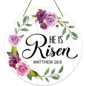 He is Risen Wooden Easter Decor, He is Risen Door Sign Religious Christian Gift Vintage Floral Easter Door Decorations for Home Wall Farmhouse Indoor Outdoor Spring Hanging Sign