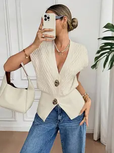 Women's Cream Cable Knit Vest, Spring Summer Short Sleeve Sweater, V Neck Casual Style, Breathable Knitwear, Trendy Button Details, Tops