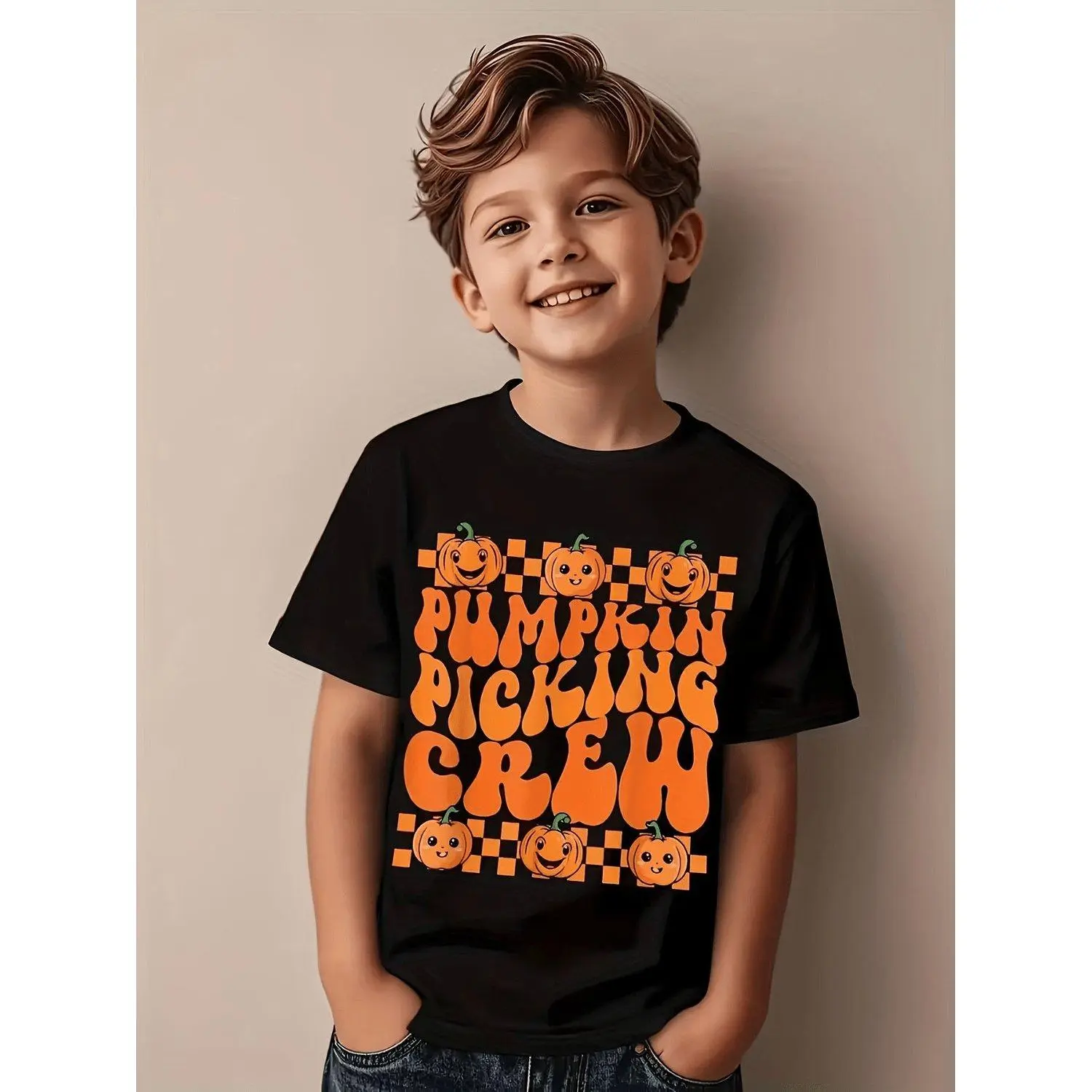 Boys' Classic Soft Cotton Loose-Fit Short-Sleeve Crewneck Tee - Easy On/Off Top with Cute Pumpkin Graphic, Fall Casual Shirt for Back to School Opening Day