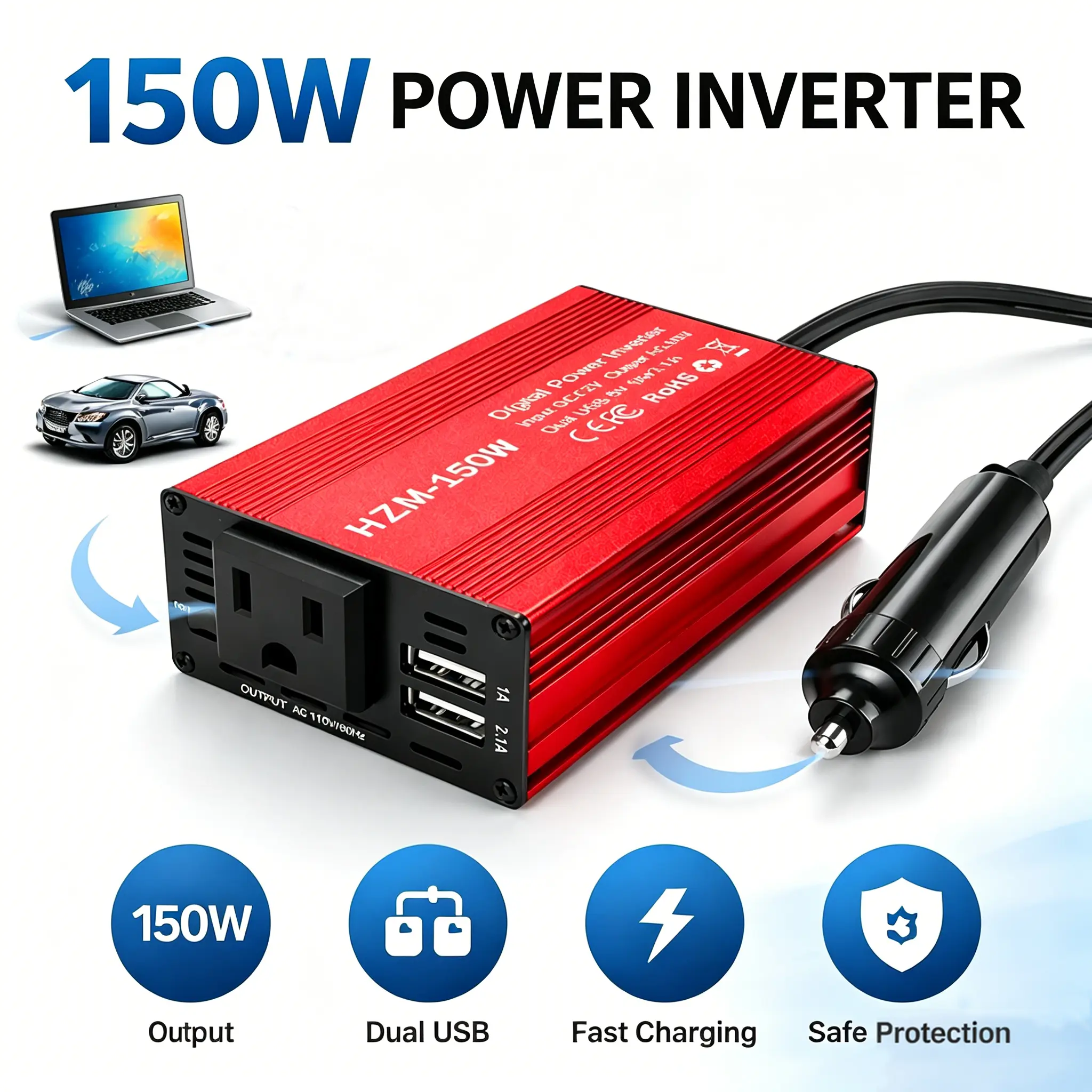 Yocrostar 150W Car Power Inverter – DC 12V to AC 110V, Aluminum Housing, USB-C PD 30W Fast Charging & USB-A QC 18W Port, Dual AC Outlets for Vehicles, Laptops, Phones & Cameras